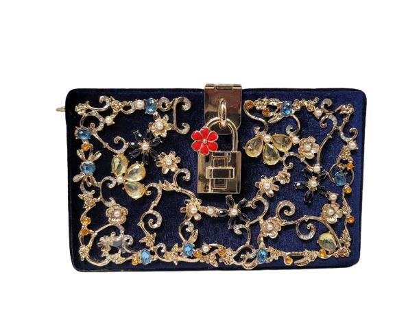 Evening Blue Velvet Rhinestones Handbag