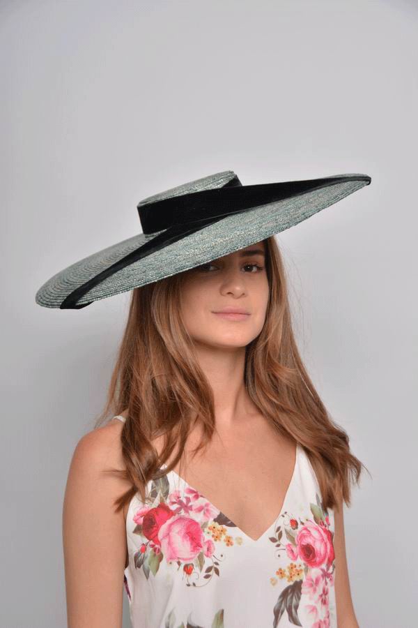 Straw Floppy Hat in Green with a Black Velvet Ribbon