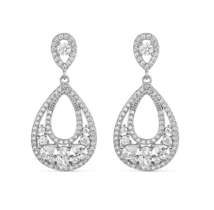 Boucles D'oreilles en Argent avec Zirconium Plaqué Rhodium Double Goutte Percée