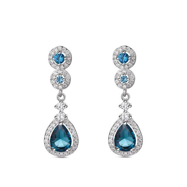 Boucles d'oreilles en Argent Rhodié avec des Chatons et une Goutte Bleue