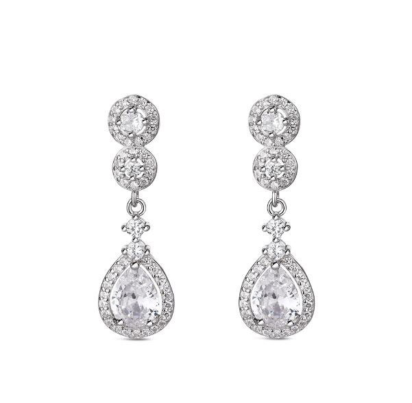 Boucles d'oreilles en Argent Sterling Plaqué Rhodium avec des Chatons et des Gouttes en Zircon