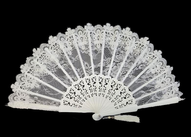 White Openwork Wooden Bridal Fan with Blonda and Bobbin Lace