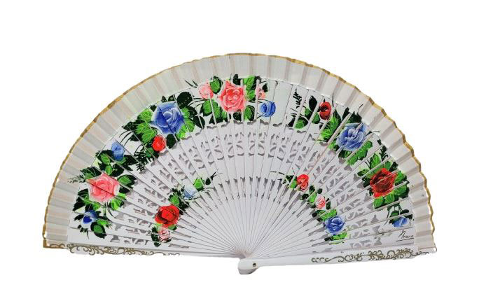 White Fan Decorated with Flowers and Painted by Both Faces