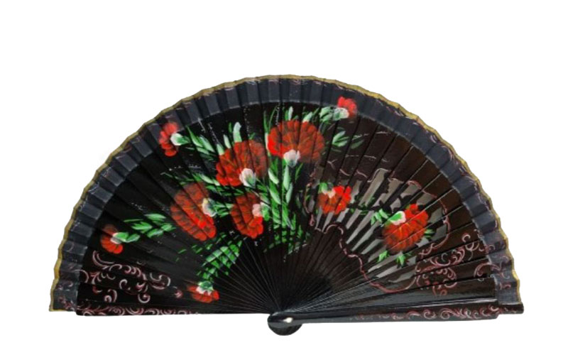 Black Handmade Fan in Sycamore Wood with Red Carnations and Openwork Sticks. Ref. 153 