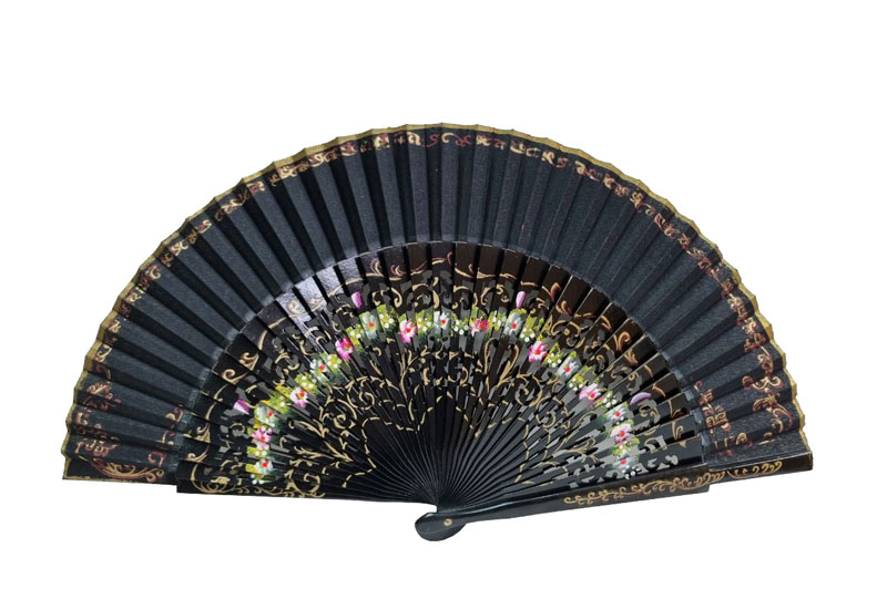 Black Fan with Openwork and Floral Decoration in Sycamore Wood. Ref. 53