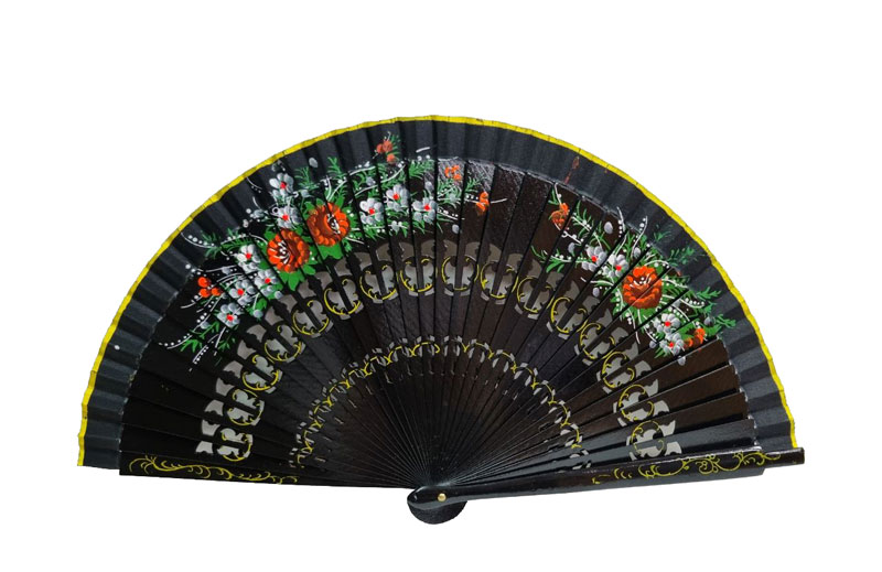 Sycamore Wooden Fan with Black Fretwork and Floral Decoration. Ref. 171NG