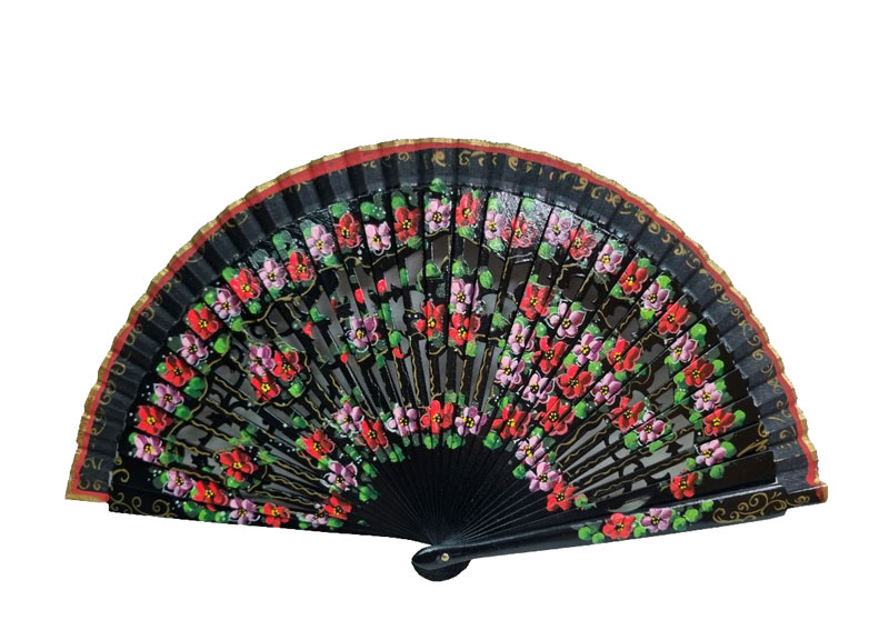 Black Fan with Openwork Design and Hand Painted Flowers. Ref. 004