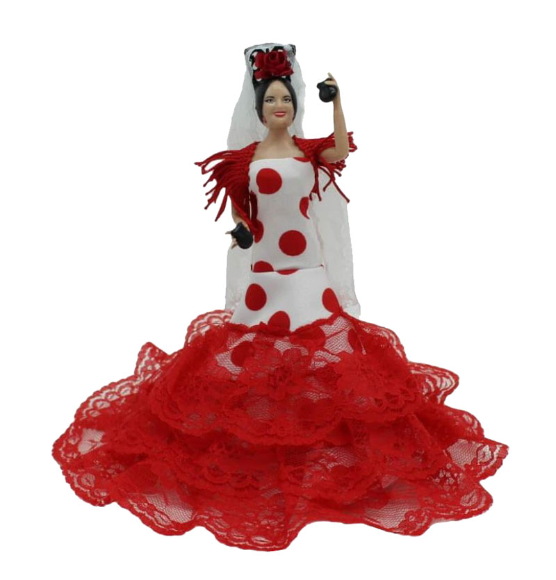 Muñecas Vestidas de Gitana con  Traje Blanco Lunar Rojo. 20cm