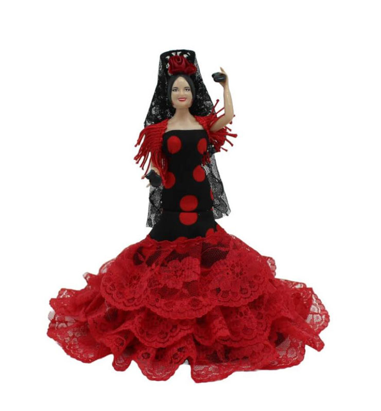 Muñecas Españolas Flamencas con Traje de Gitana Negro Lunar Rojo