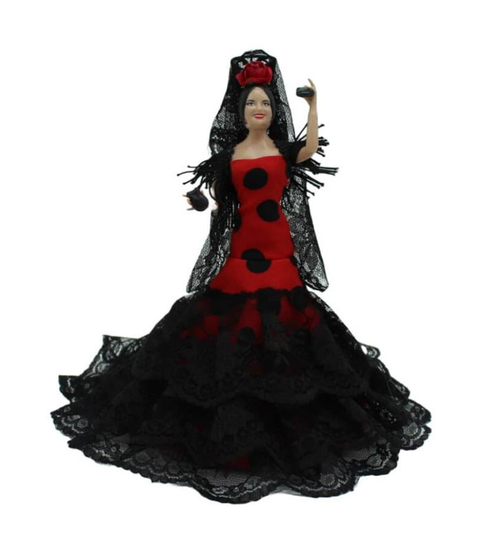 Muñeca Flamenca Vestido Rojo Lunar Negro