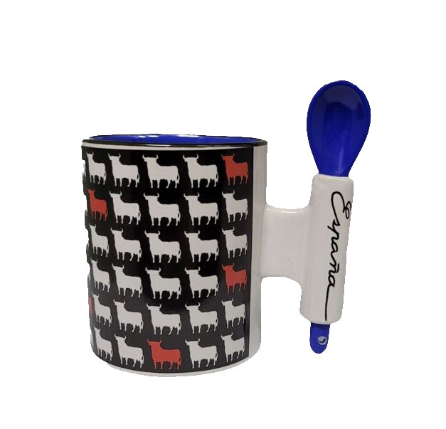 Tasse à Cuillère Osborne Bull. Mini Taureaux Blancs et Rouges. Cuillère Bleue