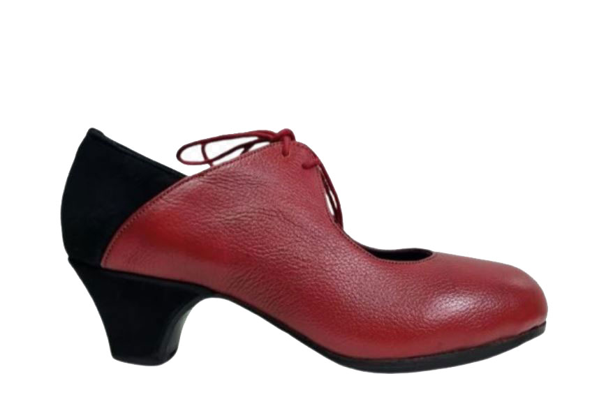 Chaussure de Flamenco Semi-professionnelle en Cuir Velours Rouge et Noir